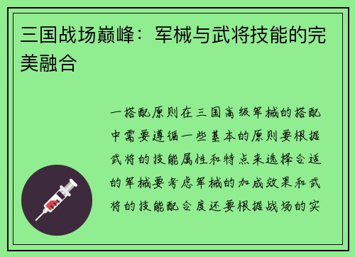 三国战场巅峰：军械与武将技能的完美融合